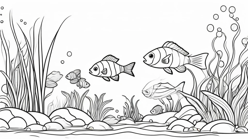 a group of fish in aquascape scenery, coloring page for kids, happy, smiling, vector art, minimalistic, vector 2d, black lines white background, coloring page for beginners, vector illustration, pencil strokes, no color, drawing for coloring, white background, pixar style, black and white