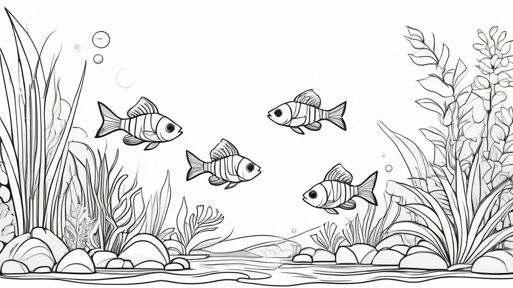 a group of fish in aquascape scenery, coloring page for kids, happy, smiling, vector art, minimalistic, vector 2d, black lines white background, coloring page for beginners, vector illustration, pencil strokes, no color, drawing for coloring, white background, pixar style, black and white