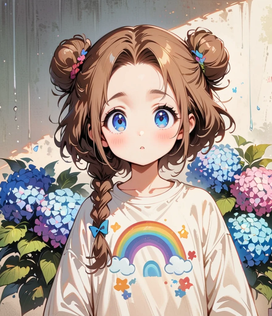 Brown short hair、Colorful hydrangeas、Rain falls and a rainbow appears。Hydrangea(masterpiece, Highest quality:1.2), Cartoon style character design，1 Girl, alone，Big eyes，Cute expression，Two buns hair，Floral Shirt，interesting，interesting，Two buns with clean lines、Long knit, Braid it into a thin braid and let it hang down..