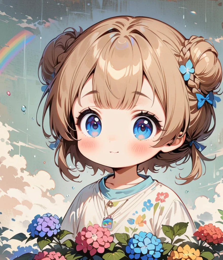 Brown short hair、Colorful hydrangeas、Rain falls and a rainbow appears。Hydrangea(masterpiece, Highest quality:1.2), Cartoon style character design，1 Girl, alone，Big eyes，Cute expression，Two buns hair，Floral Shirt，interesting，interesting，Two buns with clean lines、Long knit, Braid it into a thin braid and let it hang down..