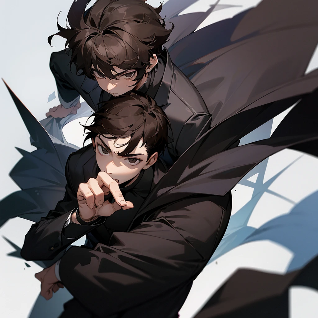 A 16-year-old boy with dark brown hair, black eyes, and sharp, cold facial features. He wears a beautiful black suit. 