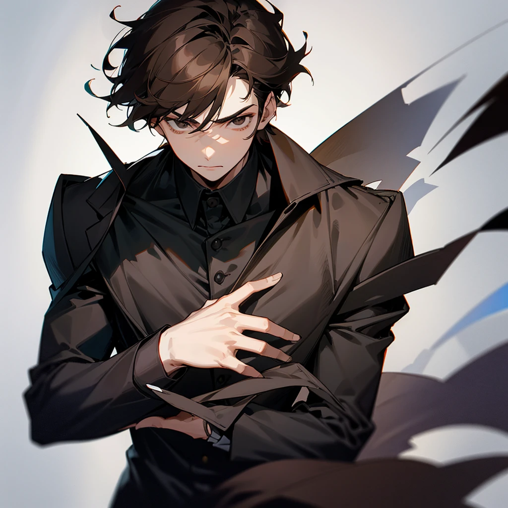 A 16-year-old boy with dark brown hair, black eyes, and sharp, cold facial features. He wears a beautiful black suit.