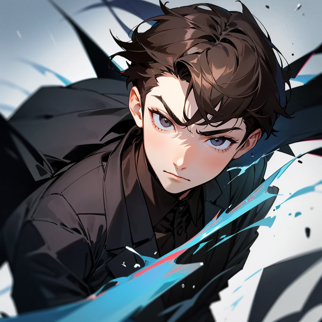 A 16-year-old boy with dark brown hair, black eyes, and sharp, cold facial features. He wears a beautiful black suit. 