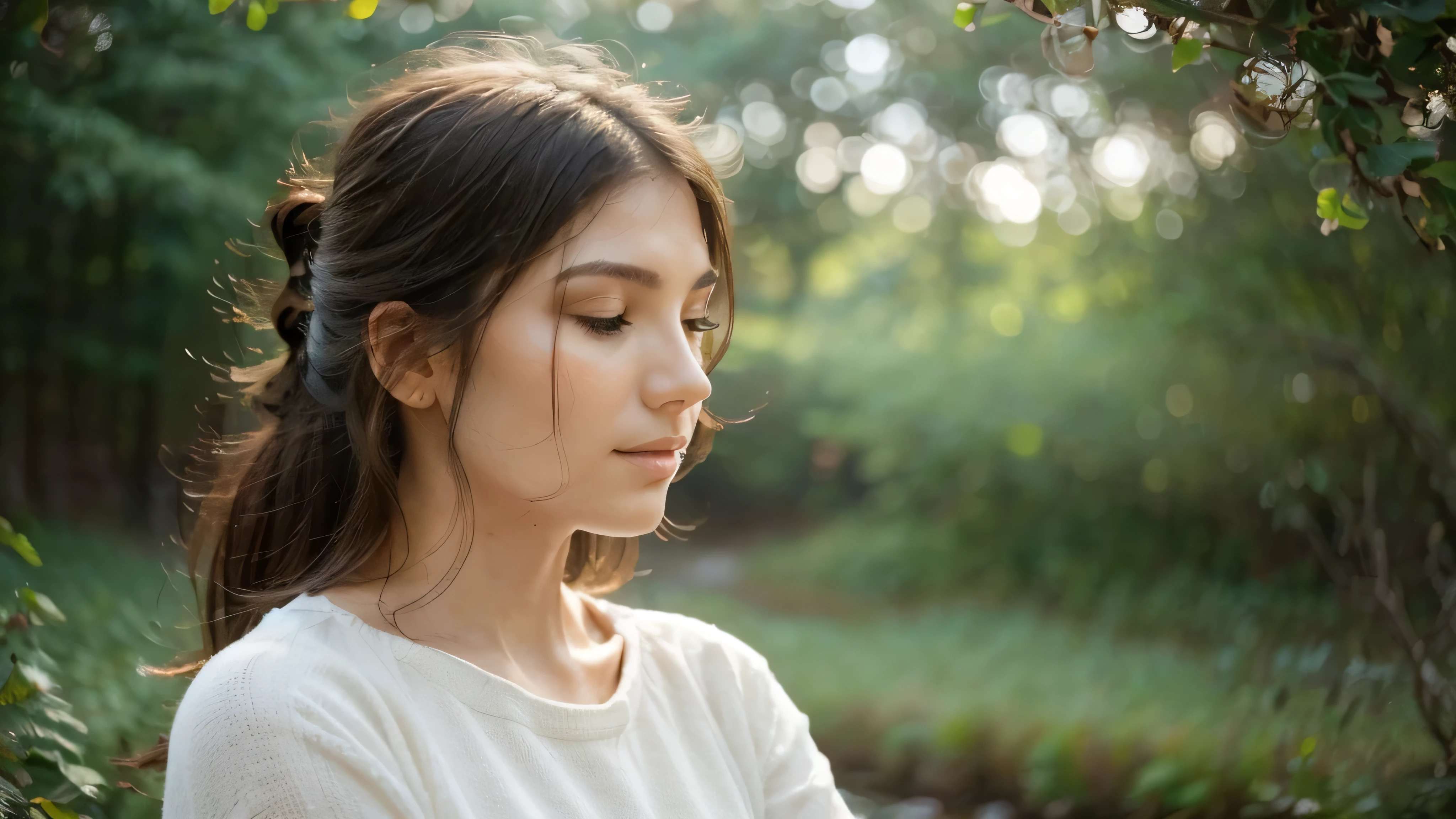 "A serene profile picture featuring a calm and relaxed face, with a soft focus nature background in pastel tones. The face should have a gentle, peaceful expression, with closed or softly gazing eyes. Lighting should be warm and soft, highlighting the tranquility of the scene. The overall style should be minimalist and clean, ensuring the face and serene atmosphere are the main focus."