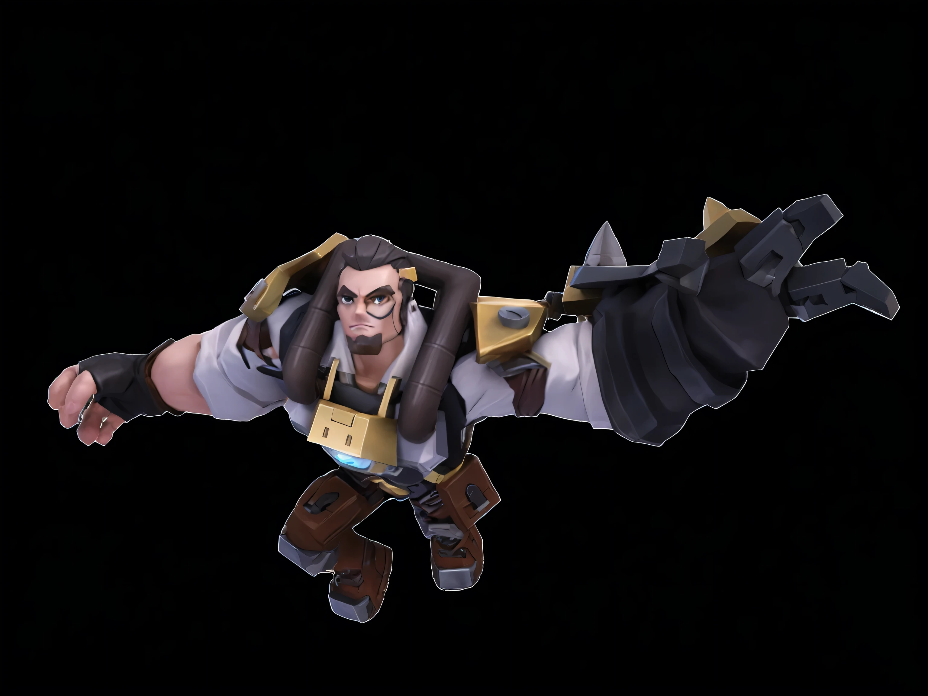 A detailed and polished low-poly style character with a robust and appearance, in an action pose. The character has black long hair and a rugged facial expression. He wears a white shirt with rolled-up sleeves, revealing his muscular arms. He carries a complex mechanical device on his back, featuring metallic components and screws with a gold and black metallic texture. His left hand is equipped with a massive black metallic glove. He wears practical brown pants with a mechanical-style belt. The character's overall image is that of a combat-ready individual, exuding power and mechanical aesthetics. The main color palette includes black, white, gold, and brown, enhancing the techy feel. The character is in an action pose, such as lunging forward or preparing to strike, showcasing his dynamic and powerful nature. The style should be similar to a polished and vibrant anime character with smooth textures, bright and saturated colors, and soft, realistic lighting, resembling the reference image of the girl with purple hair and a red beanie.