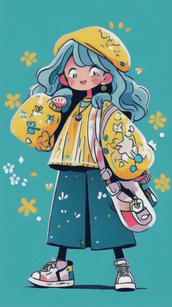 girl, wearing yellow blouse, blue skirt, beret, long, yellow hair, curly hair, big earrings, smiling and happy. Hands spread out, head tilted slightly upwards, very happy, lots of shopping bags hanging from her hands, simple background, colorful,Full body, side view