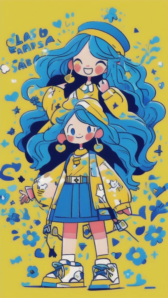 girl, wearing yellow blouse, blue skirt, beret, long, yellow hair, curly hair, big earrings, smiling and happy. Hands spread out, head tilted slightly upwards, very happy, lots of shopping bags hanging from her hands, simple background, colorful,Full body, side view