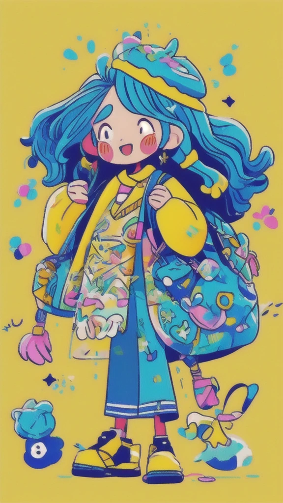 girl, wearing yellow blouse, blue skirt, beret, long, yellow hair, curly hair, big earrings, smiling and happy. Hands spread out, head tilted slightly upwards, very happy, lots of shopping bags hanging from her hands, simple background, colorful,Full body, side view