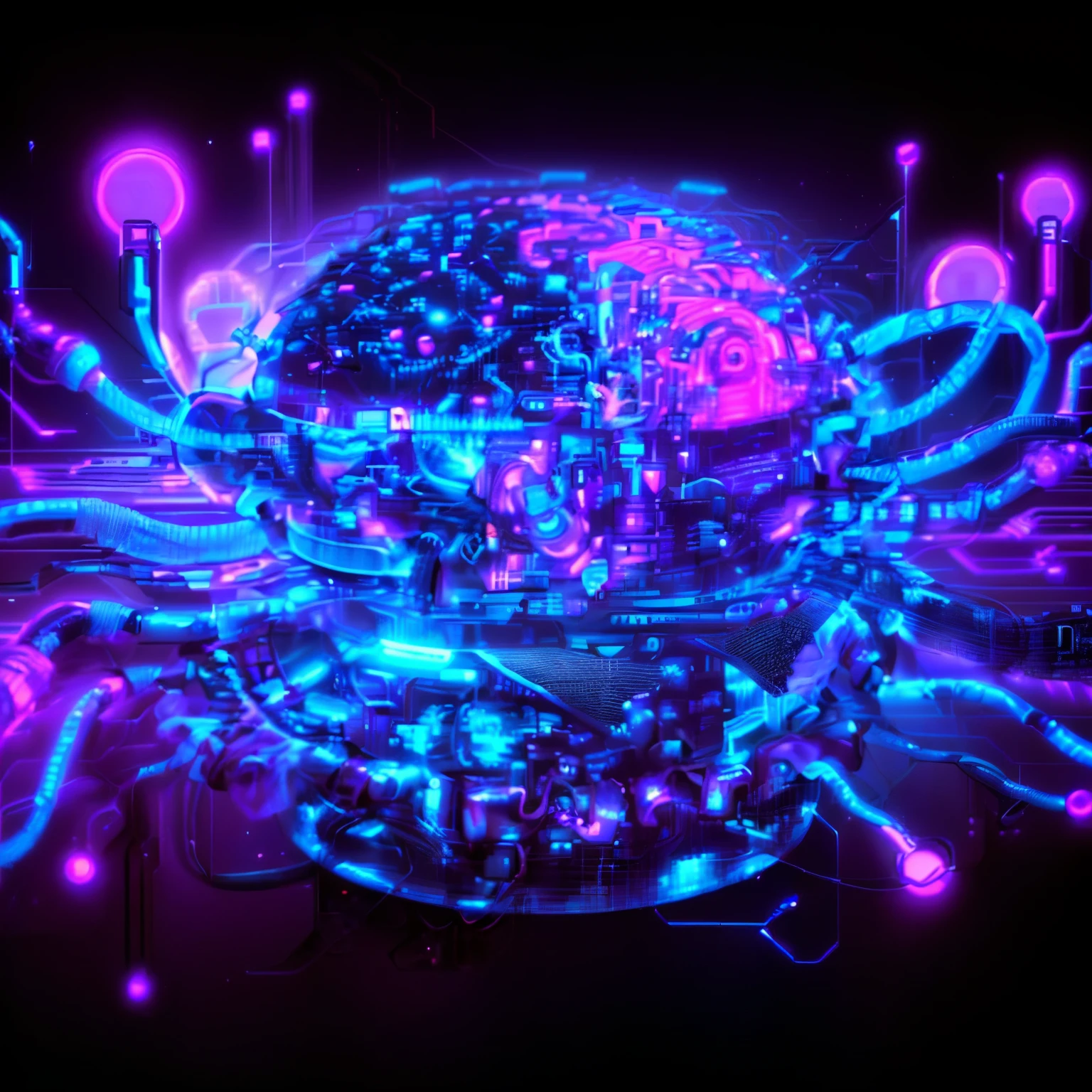 there is a cutlet with glowing wires around it, but futuristic food, tentacles wrap around the cutlet, Electronic brain, Cybernetic Implant, Octane number, Adam Marchinsky, Terrifying Sensible Meatloaf, meat machine, wires Cybernetic Implants, Veined meat, metamorphosis complex 3d rendering, cyberpunk jellyfish, brain interface