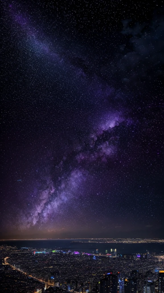 Starry sky with constellations, Purple hue like a nebula, Vast space, Cyberpunk City at the Bottom,  