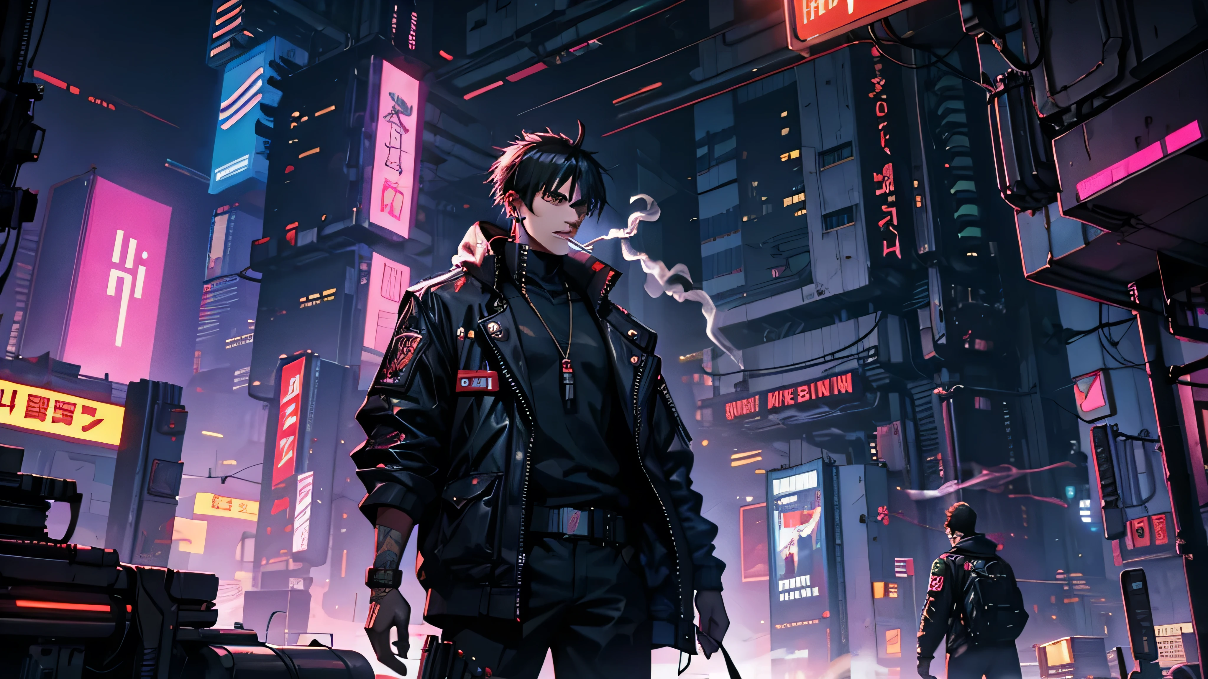 cyberpunk,young man smoking, armed 