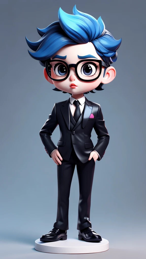 masterpiece, A cute boy standing, Glasses, Black suit, Blue Hair, Chibi style, Perfect 3D Animation , Perfect lips and easy
