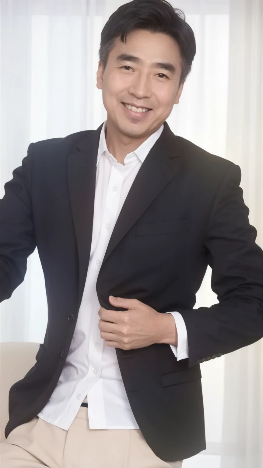 40-year-old male, Soft headlights,High-density imaging,(Clean and delicate face),((Black suit)),((Various dynamic poses)),((Smile)),((White curtains in the background)),best quality,masterpiece,(Soft colors:1.2)