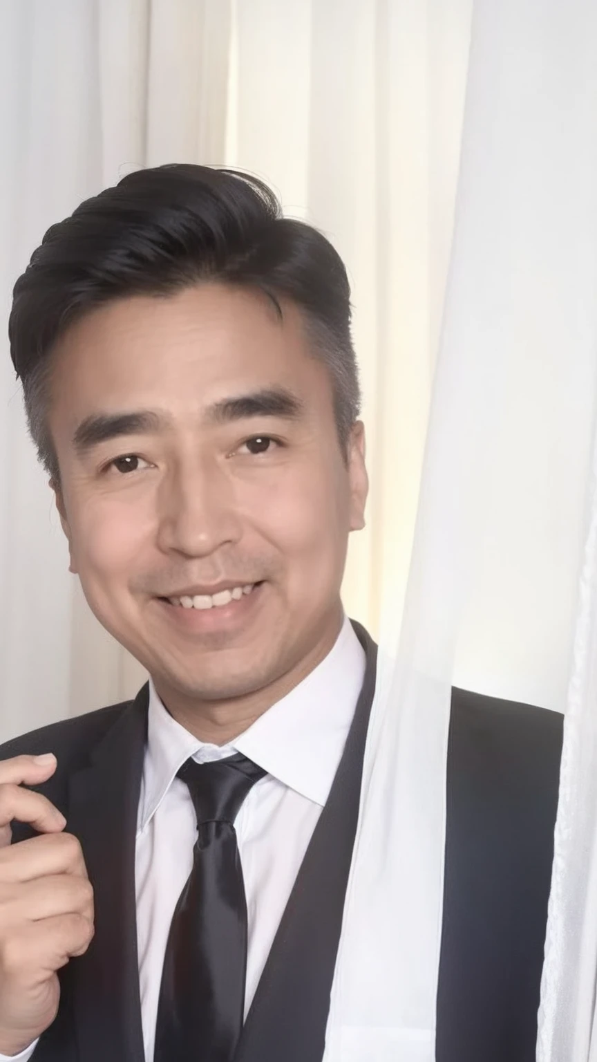 40-year-old male, Soft headlights,High-density imaging,(Clean and delicate face),((Black suit)),((Various dynamic poses)),((Smile)),((White curtains in the background)),best quality,masterpiece,(Soft colors:1.2)