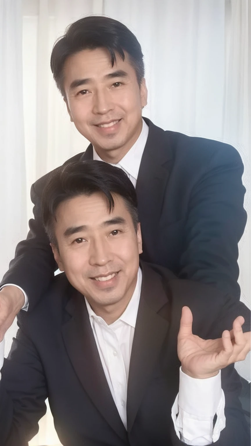 40-year-old male, Soft headlights,High-density imaging,(Clean and delicate face),((Black suit)),((Various dynamic poses)),((Smile)),((White curtains in the background)),best quality,masterpiece,(Soft colors:1.2)