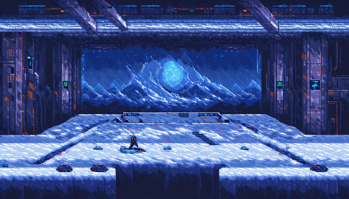 (work of art, best qualityer:1.2), pixel art,terrestrial space, futuristic snow scenery