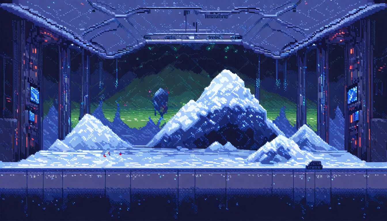 (work of art, best qualityer:1.2), pixel art,terrestrial space, futuristic snow scenery