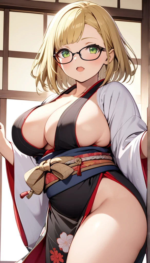 chubby girl, blonde, green eyes, medium length hair, open forehead, glasses with black square frames Japanese clothing style, ancient japan
open , open ,  