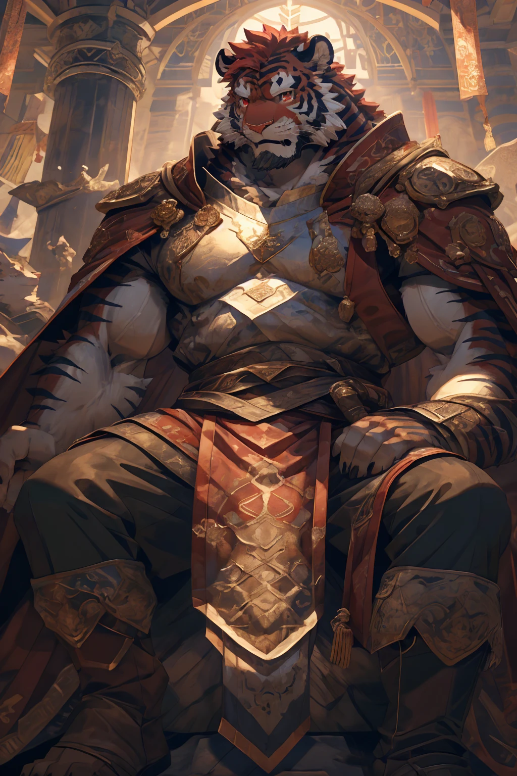 (赤红色tiger),(赤红流火Military commander战袍),Holding a long sword,Awesome posture,Sitting quietly on the edge of the cliff,(The background is a city with bright lights.:1.2),Abdominal muscles,Heroic飒爽,完美的masterpiece,Various facial details,Close-up view,specific description,masterpiece,cg,(Red eyes),Crimson pattern,Crimson tail,Military commander,Heroic,tiger,Crimson fur,Detailed facial details,Half Body,(赤红Military commander战履),(Long feather),((middle aged)),(Face Focus),(16K),HD,Red and white abdomen,temple,beard,(Face lines),Heterochromia,(Red battle robe),(Crimson hair),Strong,muscle,(high resolution:1.3),(Sitting on the cliff and looking at the lights of thousands of houses)
