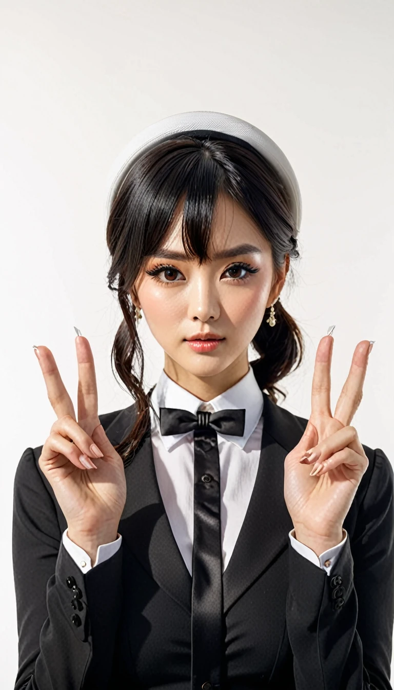 (((Perfect body,White and tender skin,(((Black strap dress, black long bow tie, white lining, black hat))),(((Kobeni Higashiyama, black hair, hair ornament, hairclip, ponytail, short hair, (brown eyes:1.5),))),((masterpiece)),highres,((Best quality at best)),masterpiece,quality,Best quality,((( Exquisite facial features,Looking at the audience,There is light in the eyes,(((frown,Wronged))),Scissorhands))),(((Light and shadow,Huge ,))),(((Looking at the camera,White background))))