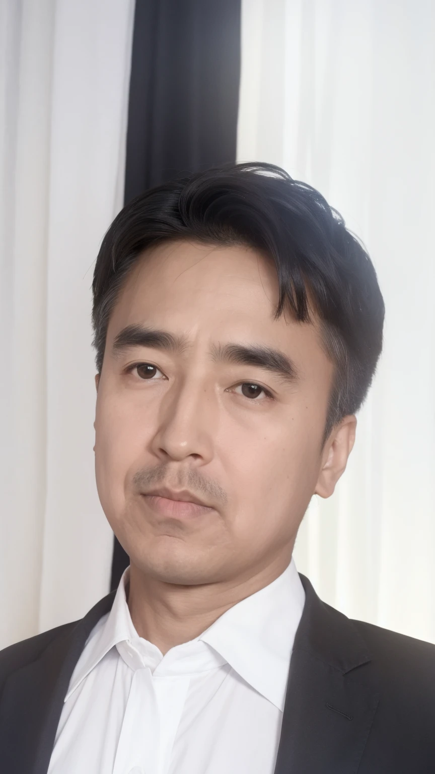 40-year-old male， Soft headlights，High-density imaging，（Clean and delicate face），((Black suit))，((Various dynamic poses))，((White curtains in the background))，best quality，masterpiece，（Soft colors：1.2）