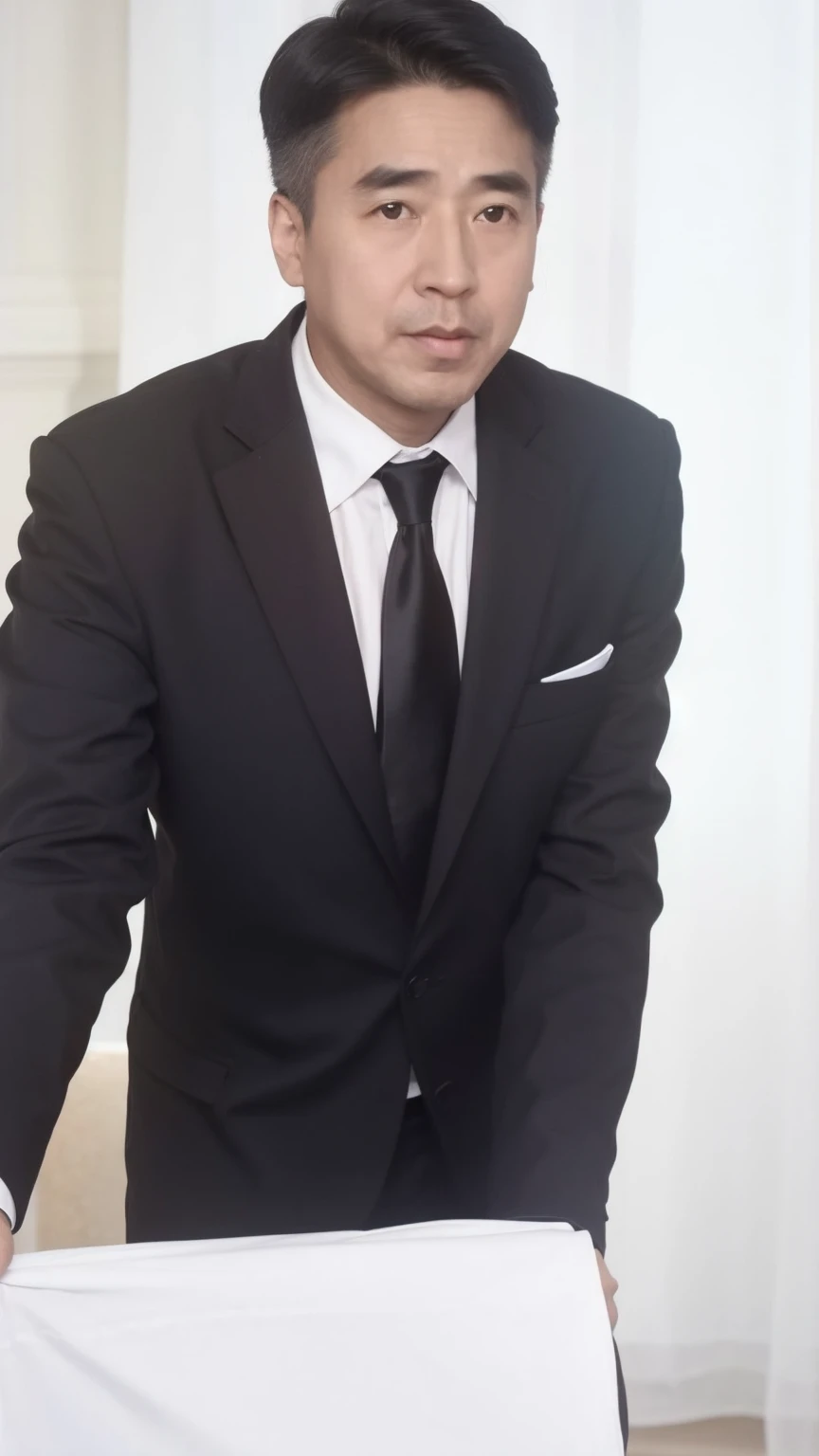 40-year-old male， Soft headlights，High-density imaging，（Clean and delicate face），((Black suit))，((Various dynamic poses))，((White curtains in the background))，best quality，masterpiece，（Soft colors：1.2）