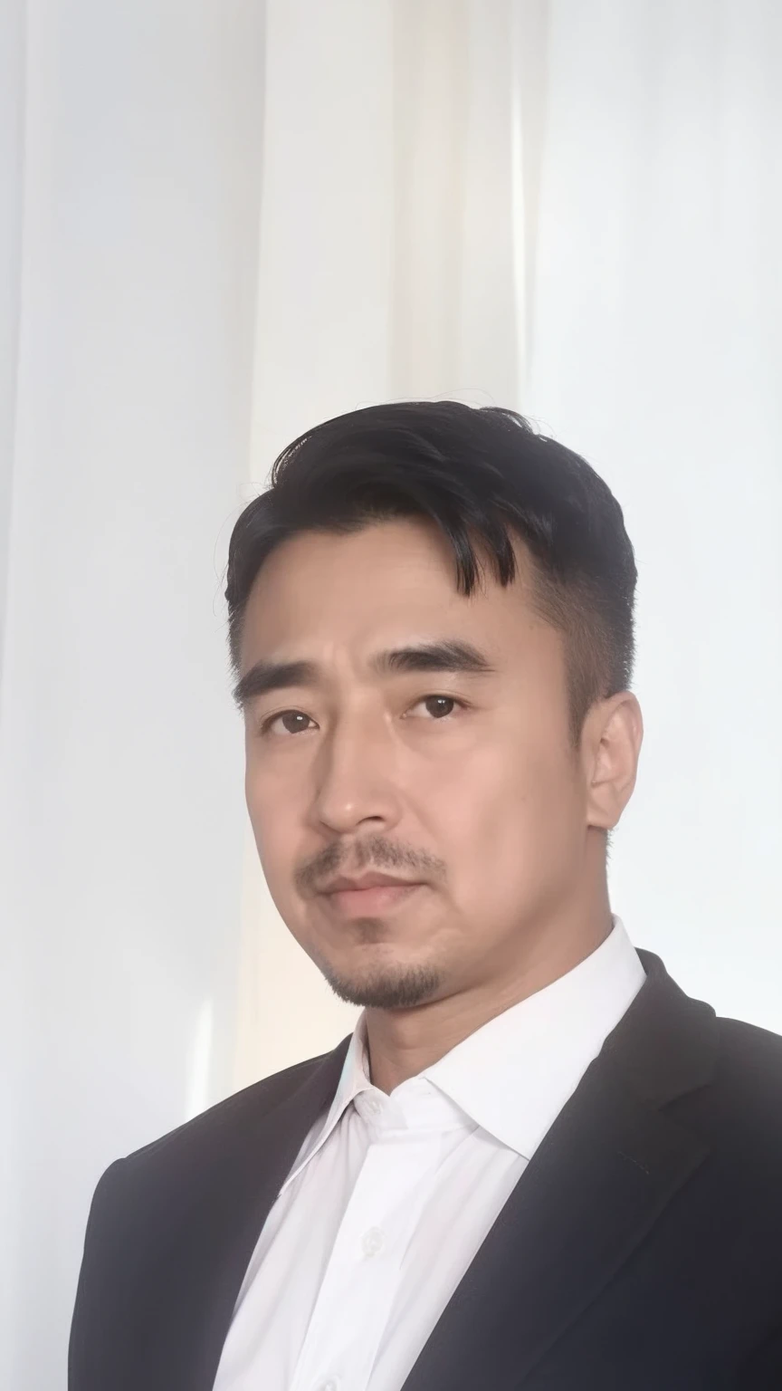 40-year-old male, Soft headlights,High-density imaging,(Clean and delicate face),((Black suit)),((Various dynamic poses)),((White curtains in the background)),best quality,masterpiece,(Soft colors:1.2)