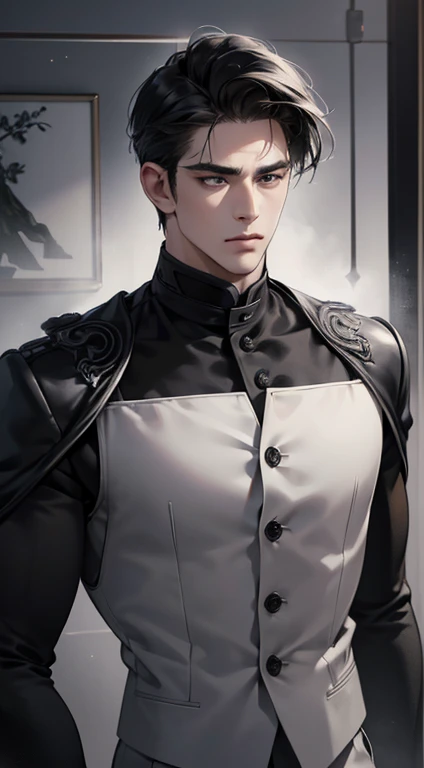 (best quality, masterpiece, 8K, photorealistic, cinematic lighting, hdr image, ultra detailed, beautiful image), 1 man, mature, very handsome, serious expression, short black hair, black eyes, arranging suit
