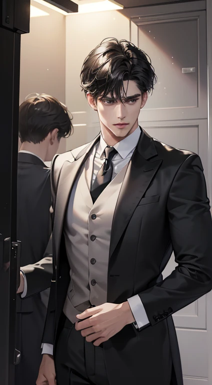 (best quality, masterpiece, 8K, photorealistic, cinematic lighting, hdr image, ultra detailed, beautiful image), 1 man, mature, very handsome, serious expression, short black hair, black eyes, arranging suit