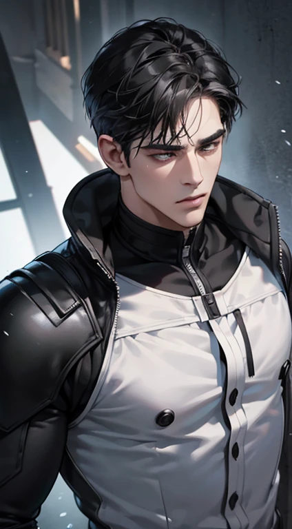 (best quality, masterpiece, 8K, photorealistic, cinematic lighting, hdr image, ultra detailed, beautiful image), 1 man, mature, very handsome, serious expression, short black hair, black eyes, arranging suit