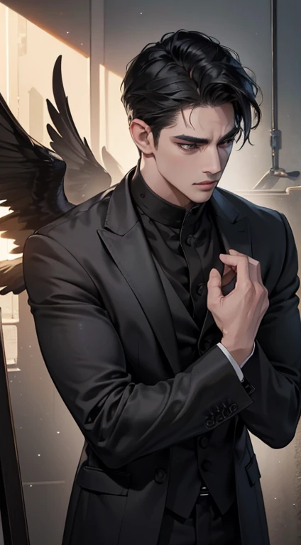 (best quality, masterpiece, 8K, photorealistic, cinematic lighting, hdr image, ultra detailed, beautiful image), 1 man, mature, very handsome, serious expression, short black hair, black eyes, arranging suit