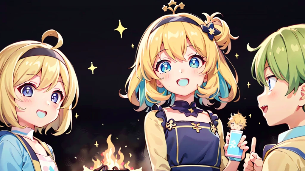 最高masterpiece、Official Art、Dynamic composition、masterpiece,Detailed face、Detailed eyes、Close-up、 (Two girls and two boys and two girls and two boys around a campfire), Idol, Big eyes, cutetech, cute, cute, pastel colour, Highest quality, Happy, Deep Background, Symmetric, Tilt your head, summer