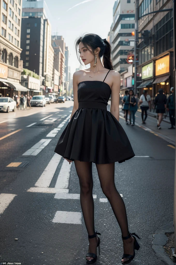 (((best quality))),(((ultra detailed))),(((masterpiece))),illustration,1girl,slim,vibrant cotton dress,short ponytail,flat chest,pantyhose,standing, bustling city streets, honking cars,surrounded by crowded crowds, colorful advertisements,enjoying sights and sounds,(dark black skin:1.5),(day scene:1.3),full body,arms behind back,sunshine,slender legs,sandals,sunshine