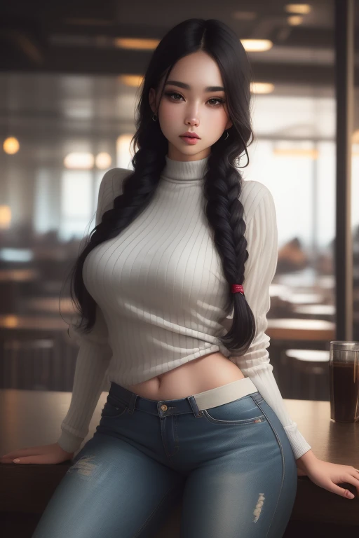 a beautiful young woman with delicate facial features, sitting at a bar with a clear view of the ocean, wearing a grey mesh sweater and tight jeans, leaning on the bar with her arms, with a slender figure and large breasts, 24 years old, charming and seductive eyes, (best quality,4k,8k,highres,masterpiece:1.2),ultra-detailed,(realistic,photorealistic,photo-realistic:1.37),HDR,UHD,studio lighting,ultra-fine painting,sharp focus,physically-based rendering,extreme detail description,professional,vivid colors,bokeh,portrait