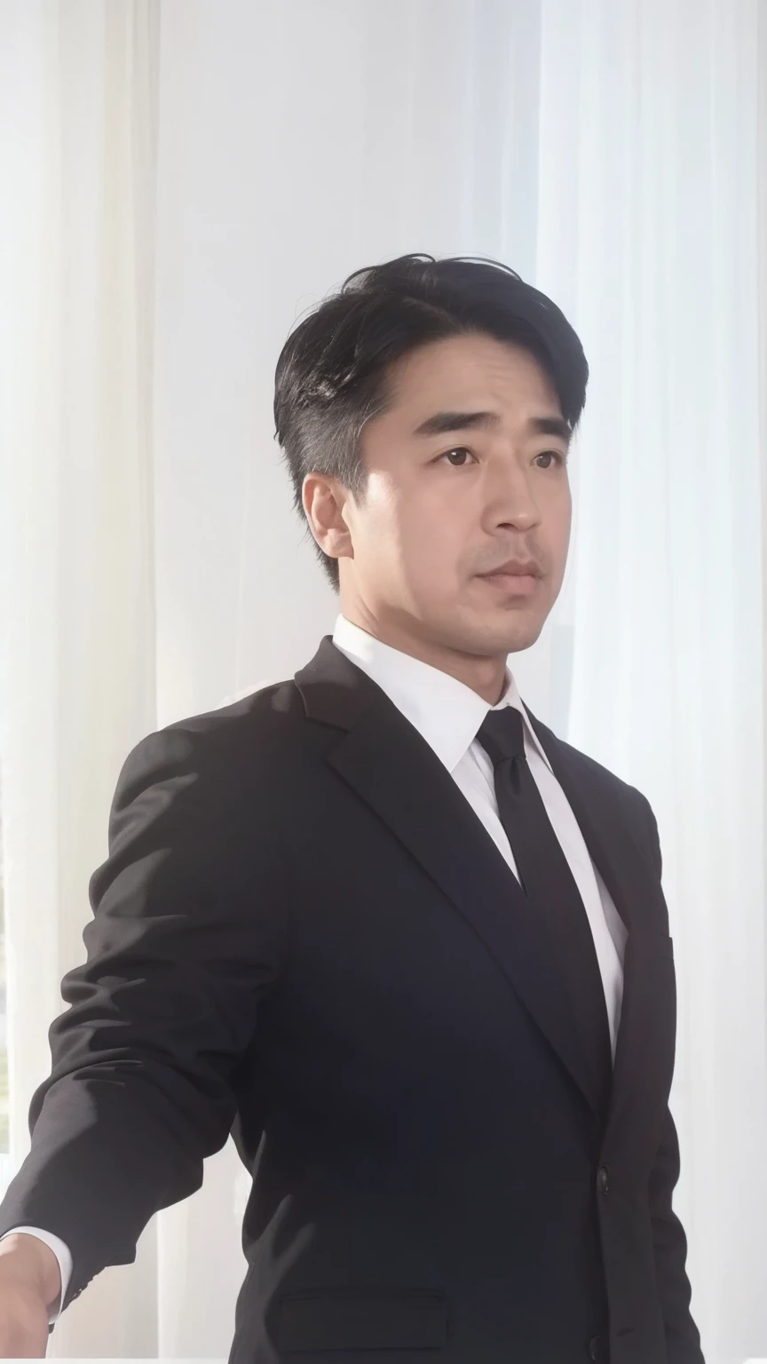 40-year-old male, Soft headlights,High-density imaging,(Clean and delicate face),((Black suit)),((Various dynamic poses)),((White curtains in the background)),best quality,masterpiece,(Soft colors:1.2)