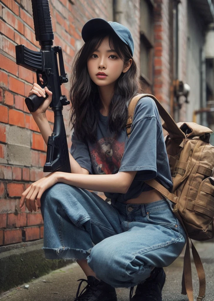 8K,Realistic Photo、Realistic Skin Texture、Superrealism、Japanese woman living in America、Operation、In a mid-sized American city、Old brick building、mortar、Loose Fit T-Shirt、Shoulder bag、Denim pants、Dirty sneakers、Hunting rifles、Dirty alley、Baseball Cap