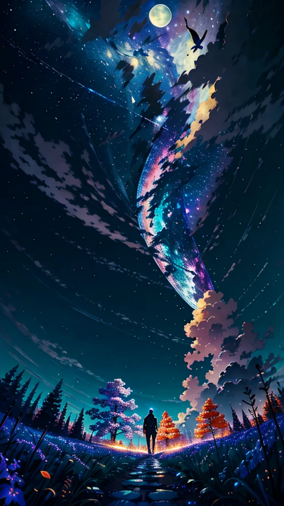 Vast landscape photography, (View from below。I can see the sky and the wilderness below.), A lawyer standing in a flower field looking up, (full moon: 1.2), (shooting star: 0.9), (nebula: 1.3), Distant Mountain, Treebreak Production Art, (Warm light source: 1.2), (fire Fly: 1.2), lamp, Purple and Orange, Exquisite detail, Volumetric Lighting Break (masterpiece: 1.2), (Highest quality ), 4K, Super detailed, (moving composition: 1.4), Extremely detailed and colorful (Iridescent: 1.2), (Sparkling Lights, Atmospheric lighting), dream-like, Magic, (alone: 1.2)