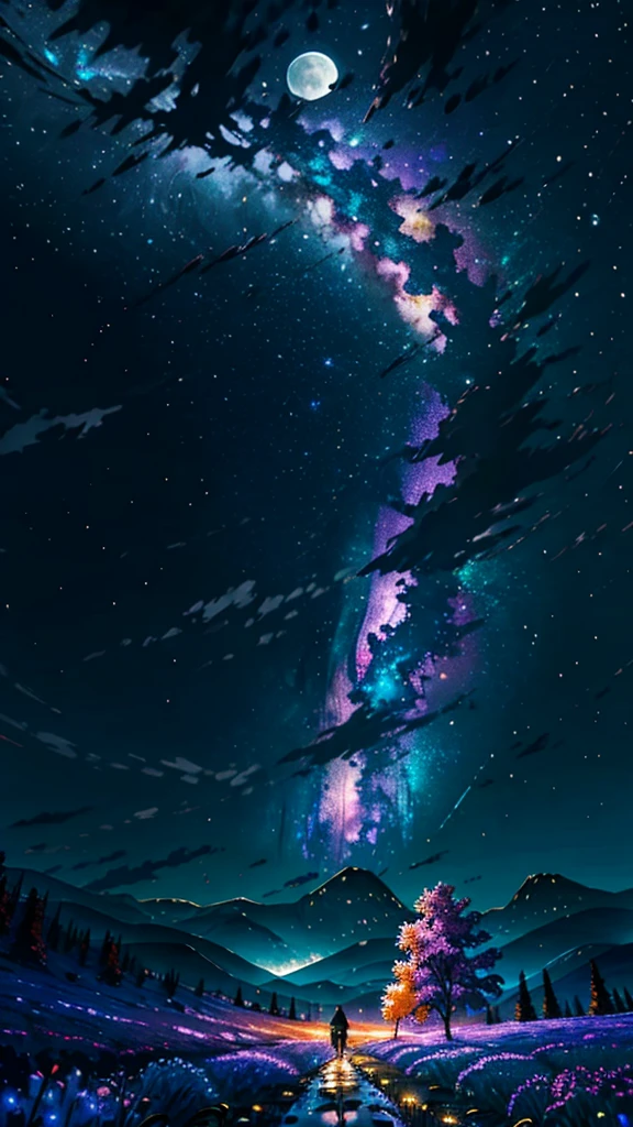 Vast landscape photography, (View from below。I can see the sky and the wilderness below.),  A lawyer standing in a flower field looking up, (full moon: 1.2), (shooting star: 0.9), (nebula: 1.3), Distant Mountain, Treebreak Production Art, (Warm light source: 1.2), (fire Fly: 1.2), lamp, Purple and Orange, Exquisite detail, Volumetric Lighting Break (masterpiece: 1.2), (Highest quality ), 4K, Super detailed, (moving composition: 1.4), Extremely detailed and colorful (Iridescent: 1.2), (Sparkling Lights, Atmospheric lighting), dream-like, Magic, (alone: 1.2)