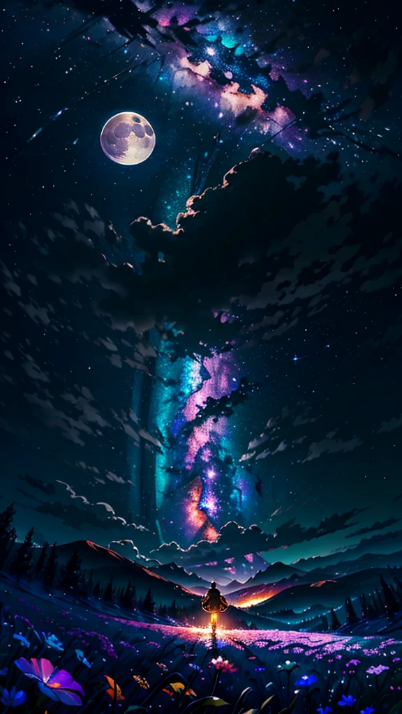 Vast landscape photography, (View from below。I can see the sky and the wilderness below.),  A lawyer standing in a flower field looking up, (full moon: 1.2), (shooting star: 0.9), (nebula: 1.3), Distant Mountain, Treebreak Production Art, (Warm light source: 1.2), (fire Fly: 1.2), lamp, Purple and Orange, Exquisite detail, Volumetric Lighting Break (masterpiece: 1.2), (Highest quality ), 4K, Super detailed, (moving composition: 1.4), Extremely detailed and colorful (Iridescent: 1.2), (Sparkling Lights, Atmospheric lighting), dream-like, Magic, (alone: 1.2)