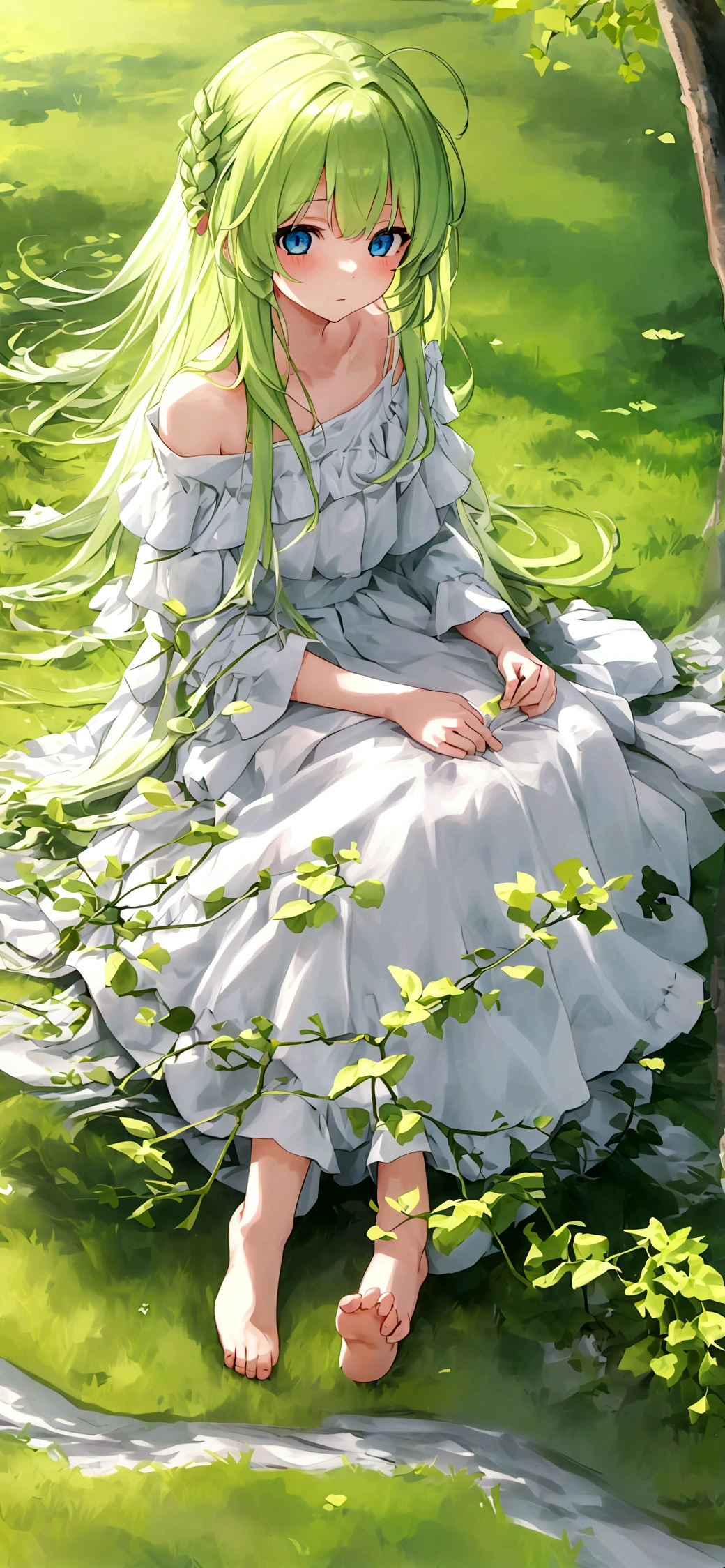 girl sitting on her knees（On the meadow in the forest），White long hair、Barefoot dew shoulder，sunny(best quality), (Extremely detailed),(Messy hair),(illustration), (1 girl), Beautiful and delicate eyes,Beautiful face,floating,(High Saturation)