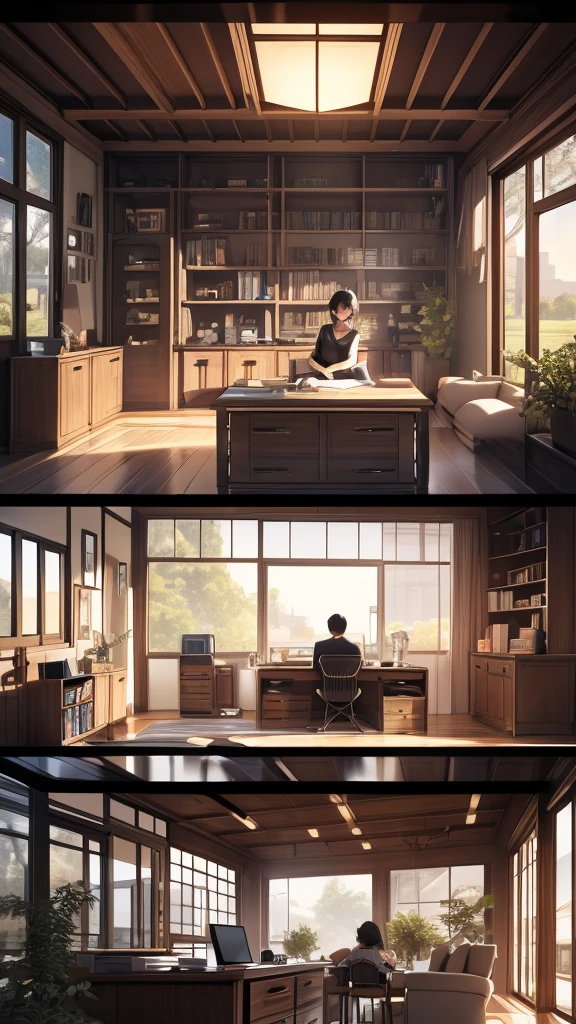 masterpiece, top quality, 1 Youth in, upper part of body, Sit on it, short hair, , A black-haired one, 、Nostalgic clothing, Ruffles、Number of people: Go it alone: Time to work at home: Morning Place: The house is in an open space: Remote world view: Modern office camera angles: View your computer screen