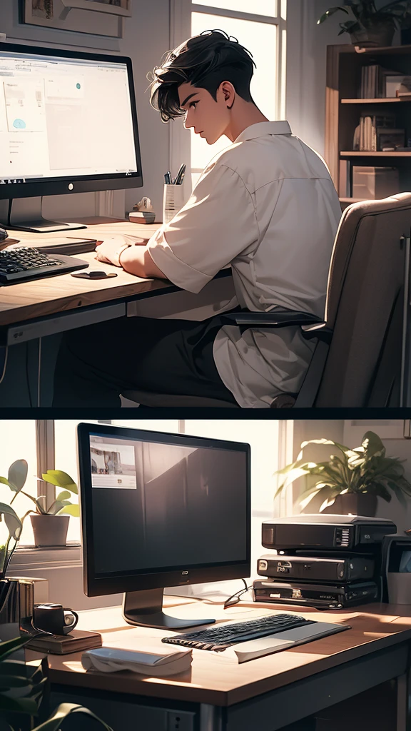 masterpiece, top quality, uth in, upper part of body, Sit on it, short hair, , A black-haired one, 、Nostalgic clothing, Ruffles、Number of people: Go it alone: Time to work at home: Morning Place: The house is in an open space: Remote world view: Modern office camera angles: View your computer screen