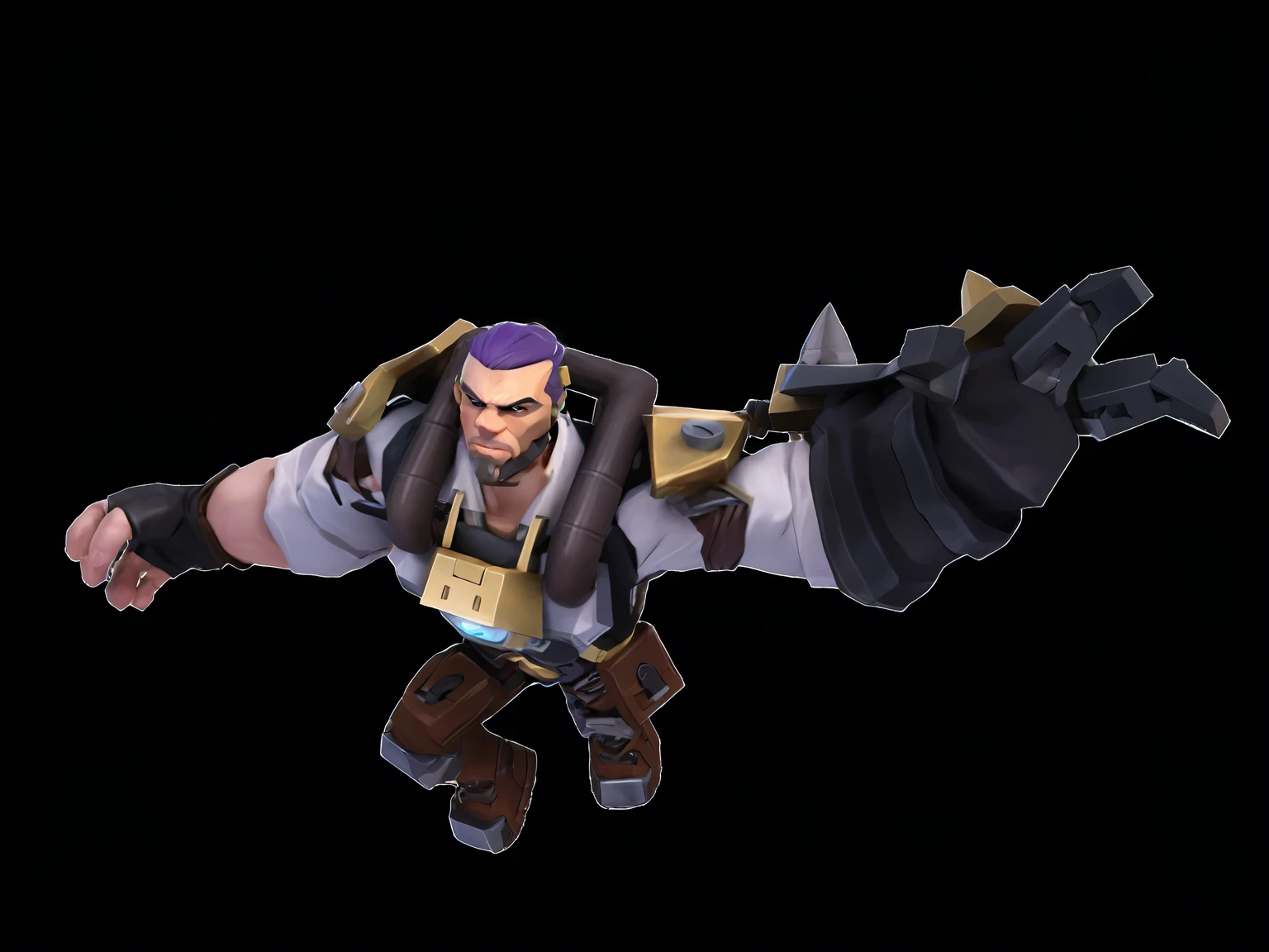 A detailed and polished low-poly style character with a robust and fierce appearance, in an action pose. The character has black long hair and a rugged facial expression. He wears a white shirt with rolled-up sleeves, revealing his muscular arms. He carries a complex mechanical device on his back, featuring metallic components and screws with a gold and black metallic texture. His left hand is equipped with a massive black metallic glove. He wears practical brown pants with a mechanical-style belt. The character's overall image is that of a combat-ready individual, exuding power and mechanical aesthetics. The main color palette includes black, white, gold, and brown, enhancing the techy feel. The character is in an action pose, such as lunging forward or preparing to strike, showcasing his dynamic and powerful nature. The style should be similar to a polished and vibrant anime character with smooth textures, bright and saturated colors, and soft, realistic lighting, resembling the reference image of the girl with purple hair and a red beanie.