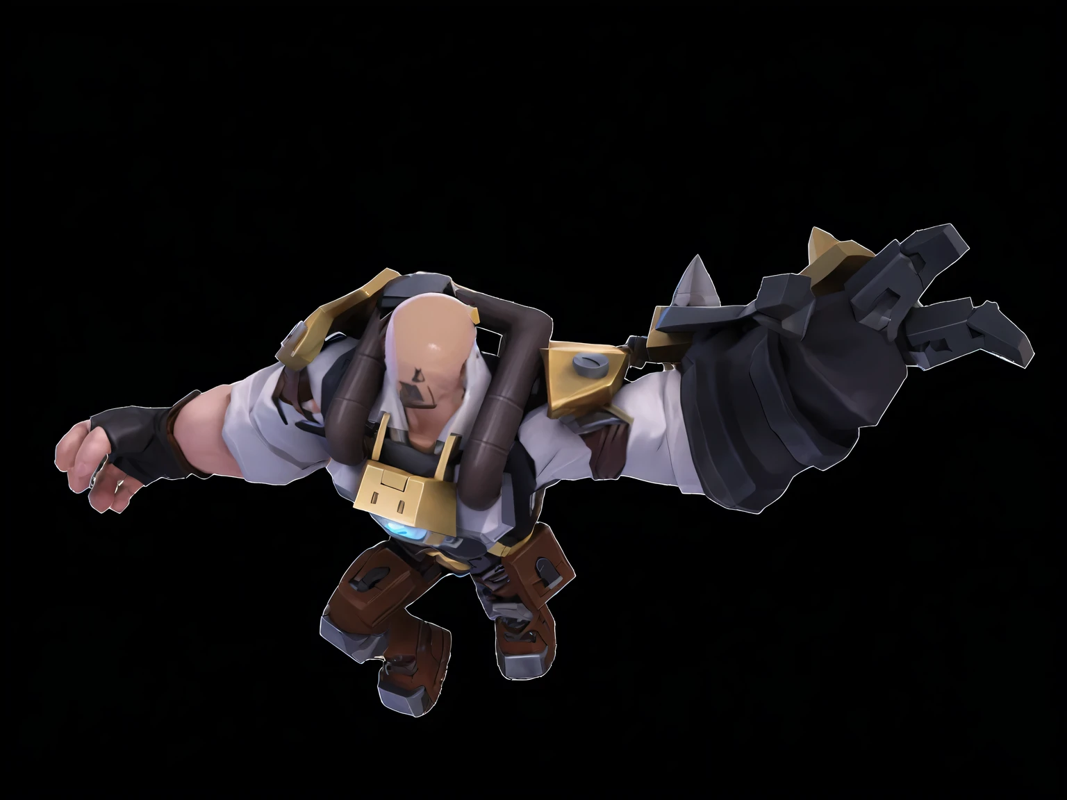 A detailed and polished low-poly style character with a robust and fierce appearance, in an action pose. The character has black long hair and a rugged  expression. He wears a white shirt with rolled-up sleeves, revealing his muscular arms. He carries a complex mechanical device on his back, featuring metallic components and screws with a gold and black metallic texture. His left hand is equipped with a massive black metallic glove. He wears practical brown pants with a mechanical-style belt. The character's overall image is that of a combat-ready individual, exuding power and mechanical aesthetics. The main color palette includes black, white, gold, and brown, enhancing the techy feel. The character is in an action pose, such as lunging forward or preparing to strike, showcasing his dynamic and powerful nature. The style should be similar to a polished and vibrant anime character with smooth textures, bright and saturated colors, and soft, realistic lighting, resembling the reference image of the girl with purple hair and a red beanie.
