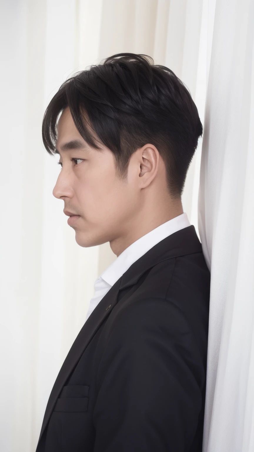 40-year-old male, Soft headlights,High-density imaging,((Profile)),((Black suit)),((Various dynamic poses)),((White curtains in the background)),best quality,masterpiece,(Soft colors:1.2)