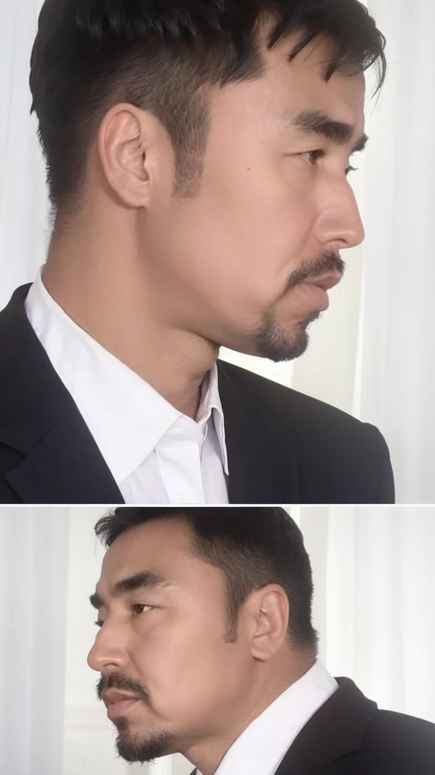 40-year-old male， Soft headlights，High-density imaging，((Profile))，((Black suit))，((Various dynamic poses))，((White curtains in the background))，best quality，masterpiece，（Soft colors：1.2）