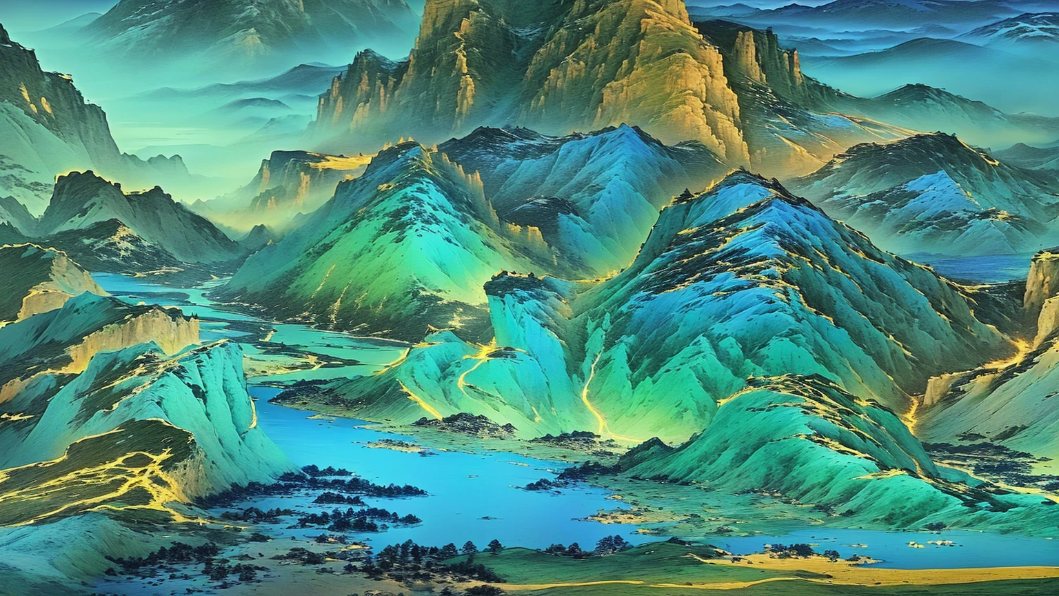 A mountain landscape painting with a river and mountains, Chinese scenery, author:Sim Che Tsai, thrilling, by Li Di, Gong Xian, author:Yuan Jiang, Extremely sophisticated, author:Qiandu, by Yang Buzhi, author:Song Xu, Inspired by Li Keran, author:Ju Lian, Inspired by Ma Yuan