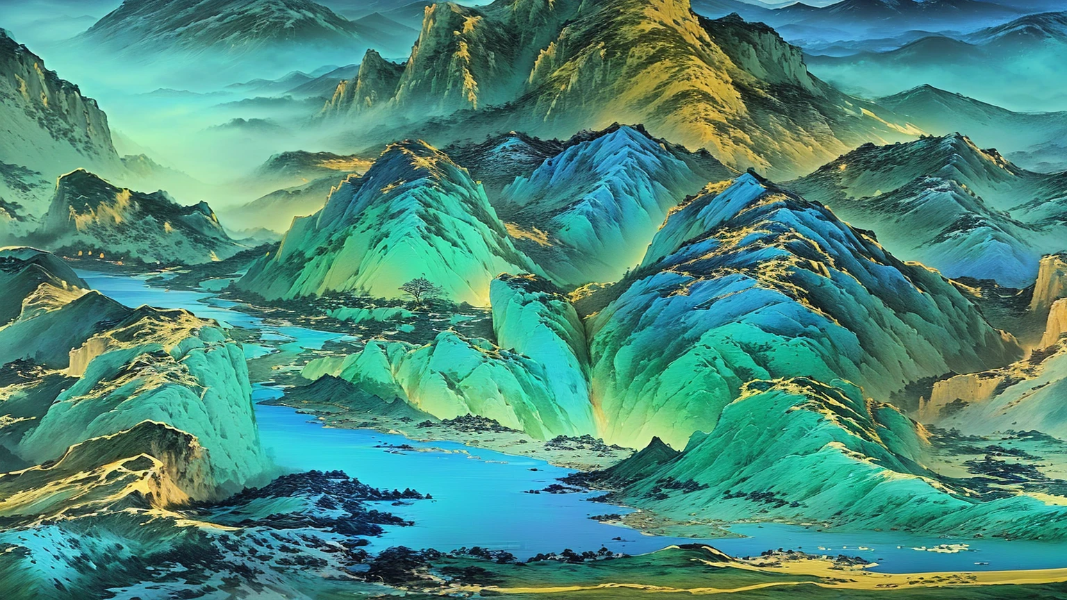 A mountain landscape painting with a river and mountains, Chinese scenery, author：Sim Che Tsai, thrilling, by Li Di, Gong Xian, author：Yuan Jiang, Extremely sophisticated, author：Qiandu, by Yang Buzhi, author：Song Xu, Inspired by Li Keran, author：Ju Lian, Inspired by Ma Yuan