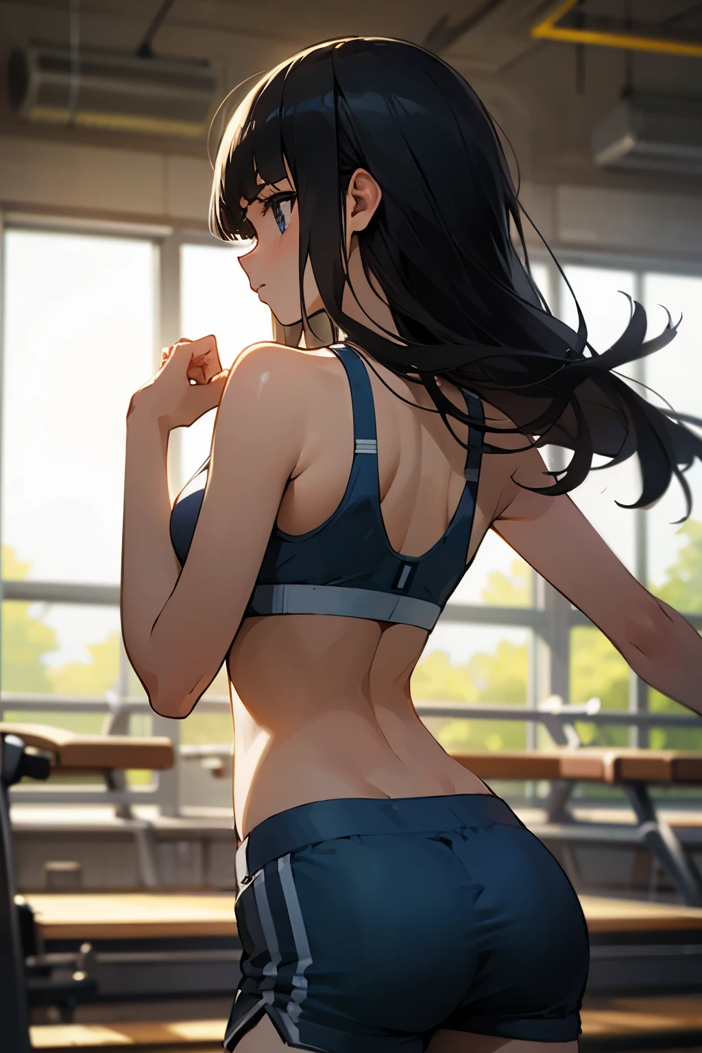 (masterpiece, best quality:1.5), brightering light, beautiful eyes, ultra detailed face,
BREAK 1girl, long hair, black hair, straight hair, blunt bangs, serious, (looking away:1.2),
BREAK sport bra, shorts,
BREAK in gym, blurry back ground