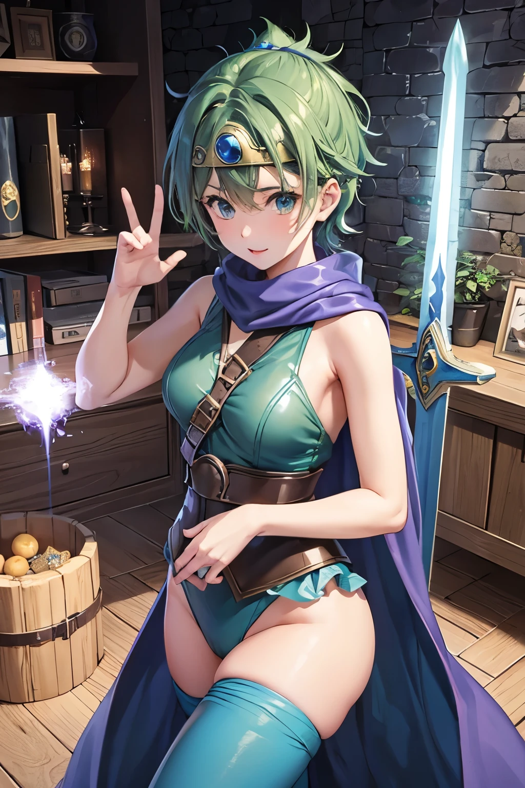 （（（ＳＦＷ、sound、Highest quality、first-class、masterpiece、Normal body、8K、Detailed face、Ultra-precision、Normal hand、Normal finger、５Finger、Highest）））、beautiful girl、Green Hair、Small breasts、Shortcuts、Blue leotard、Shoulder Off、Black paleo skirt、Red cloak、Circlet、sword of the sky、DRAGON QUEST、Female Hero、In combat、Combat Ready、Lightning Slash、incantation、Gigadein